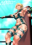  1girl abs absurdres arm_guards armband armpits blonde_hair boots breasts brown_eyes cleavage daikokuya3669 dark_skin green_background highres large_breasts muscle muscular_female navel post ring_dream rope short_hair tattoo thigh_boots thigh_strap thighhighs wrestling_outfit 