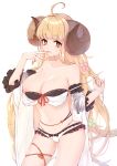  1girl absurdres ahoge anila_(granblue_fantasy) bangs bikini blonde_hair blunt_bangs breasts brown_eyes collarbone commentary_request curled_horns detached_sleeves draph eyebrows_visible_through_hair granblue_fantasy heart heart-shaped_pupils highres horns large_breasts long_hair looking_at_viewer navel nipples saliva simple_background solo swimsuit symbol-shaped_pupils thick_eyebrows very_long_hair white_background white_bikini yuxuekeith 