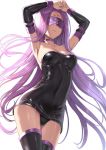  1girl armpits arms_up black_dress black_footwear black_sleeves boots breasts cleavage collar collarbone covered_navel detached_sleeves dress facial_mark fate/stay_night fate_(series) forehead_mark glasses hakaba_(dairiseki) highres long_hair long_sleeves panties parted_lips purple_collar purple_hair rider shiny shiny_clothes short_dress solo strapless strapless_dress thigh_boots thighhighs underwear upskirt very_long_hair white_background 