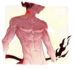  1boy arsh_(thestarwish) artist_name clenched_teeth collarbone dated demon_boy demon_tail glowing head_out_of_frame horns male_focus muscle navel neck_tattoo nude original red_hair rounded_corners tail tattoo teeth 