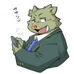  1:1 2017 anthro blush clothing fur green_body green_fur humanoid_hands japanese_text kemono low_res male mammal necktie phone portrait shirt simple_background slightly_chubby solo suid suina sus_(pig) takagi_kyou text topwear white_background wild_boar 