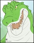  absurd_res alligator alligatorid anthro black_border border charu cregon crocodile crocodilian crocodylid green_body headshot hi_res male reptile scales scalie solo teeth teeth_showing tongue white_body yellow_eyes 