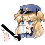  /\/\/\ 1girl bangs black_ribbon blonde_hair blue_eyes blue_headwear blue_jacket blush commentary_request cropped_torso cup dokomon eyebrows_visible_through_hair girls_frontline hair_ribbon hat head_bump holding holding_cup jacket korean_commentary long_hair long_sleeves lowres mug peaked_cap ribbon simple_background solo super_shorty_(girls_frontline) truncheon two_side_up upper_body white_background 