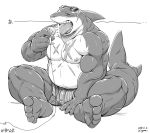  2018 5_fingers 5_toes anthro blush bulge clothed clothing eyes_closed eyewear eyewear_on_head fin fingers fish holding_object male marine mechanical_fan monochrome musclegut muscular muscular_anthro muscular_male nipples open_mouth pecs scar shark simple_background sitting solo sunglasses sunglasses_on_head teeth toes tokyo_afterschool_summoners tongue tongue_out topless typhon underwear video_games white_background xigma 