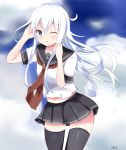  1girl black_legwear blue_eyes blue_sky cloud collarbone commentary_request hibiki_(kantai_collection) highres kantai_collection long_hair messy_hair miniskirt navel pinoaisu pleated_skirt school_uniform serafuku signature skirt sky solo thighhighs white_hair zettai_ryouiki 