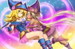  2girls apprentice_illusion_magician athenawyrm bangs bare_shoulders blonde_hair blush blush_stickers boots breasts choker cleavage closed_mouth dark_magician_girl dark_skin dress duel_monster full_body green_eyes hair_between_eyes hat long_hair looking_at_viewer medium_breasts multicolored multicolored_background multiple_girls purple_dress shiny shiny_hair shiny_skin smile sparkle spiked_hair swept_bangs very_long_hair wand wizard_hat yuu-gi-ou 