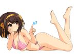  1girl bangs bare_arms bare_legs bare_shoulders barefoot bikini blush breasts chin_rest cleavage closed_mouth collarbone commentary_request elbow_rest eyebrows_visible_through_hair fingernails full_body hairband haruhisky highleg highleg_bikini lying medium_breasts on_stomach partial_commentary shiny shiny_clothes shiny_hair shiny_skin short_hair simple_background solo striped striped_bikini suzumiya_haruhi suzumiya_haruhi_no_yuuutsu swimsuit thighs vertical_stripes white_background 
