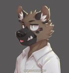  aggressive_retsuko biped blep brown_body brown_fur clothed clothing flunky fur haida hi_res hyaenid male mammal multicolored_body multicolored_fur sanrio solo spotted_hyena teeth text tongue tongue_out url 