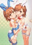  2girls :3 :d absurdres alternate_costume animal_ears arched_back arm_grab arm_strap ass asymmetrical_docking back bangs bare_back bare_shoulders black_background blue_hairband blue_leotard blush bow bowtie breast_press breasts brown_eyes brown_hair bunny_ears bunny_girl bunny_tail bunnysuit cleavage collarbone cowboy_shot detached_collar embarrassed eyebrows eyebrows_visible_through_hair fake_animal_ears fake_tail frills from_side garter_straps gradient gradient_background green_background hair_ornament hairband hairclip halftone halftone_background hand_up head_tilt highres holding_hands huge_filesize leaning_forward leg_garter legs_together leotard looking_at_viewer looking_back medium_breasts misaka_imouto misaka_mikoto multiple_girls open_mouth parted_lips raika9 raised_eyebrows red_bow red_neckwear scan short_hair siblings sideboob sisters small_breasts smile standing strapless strapless_leotard tail thigh_gap thigh_grab to_aru_kagaku_no_railgun to_aru_majutsu_no_index twins white_hairband white_leotard wrist_cuffs yellow_bow yellow_neckwear 