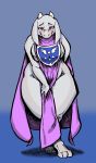  2019 anthro blue_background blush boss_monster bovid breasts caprine curvy_figure female fur horn looking_at_viewer mammal pink_eyes simple_background smile solo standing thick_thighs tincrash toriel undertale video_games voluptuous white_body white_fur wide_hips 