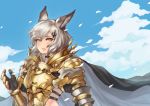  1girl absurdres alliah_istavion animal_ears armor bangs breastplate cape cloud day gauntlets granblue_fantasy green_hair hair_ornament highres hjz_(artemi) huge_filesize leaf looking_at_viewer short_hair shoulder_armor solo upper_body wind yellow_eyes 