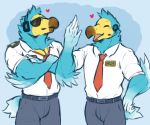  &lt;3 5_fingers animal_crossing anthro arm_tuft avian beak belt bird blue_body brother brothers clothed clothing columbid crossed_arms dodo dress_shirt duo elbow_tufts eyes_closed eyewear fanofthefurr fingers headgear headphones headset hi_res male necktie nintendo open_mouth orville_(animal_crossing) shirt sibling sunglasses topwear tuft video_games white_clothing white_shirt white_topwear wilbur_(animal_crossing) 