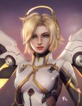  1girl artist_name blonde_hair blue_eyes bodysuit breasts commentary english_commentary glowing glowing_wings highres light_smile lips looking_at_viewer mechanical_halo mechanical_wings medium_breasts mercy_(overwatch) messy_hair nose overwatch pink_lips purple_background raymund_lota realistic shiny shiny_clothes short_hair signature solo upper_body white_bodysuit wings yellow_wings 