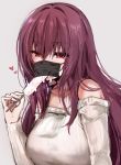 1girl black_mask blush breasts commentary_request eyes_visible_through_hair fate/grand_order fate_(series) fellatio_under_mask food grey_background hair_intakes heart large_breasts long_hair looking_at_viewer mafuyu mask mouth_mask off-shoulder_sweater off_shoulder popsicle purple_hair red_eyes scathach_(fate)_(all) scathach_(fate/grand_order) sexually_suggestive simple_background simulated_fellatio solo surgical_mask sweater 