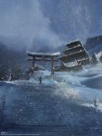  1other architecture artist_name blizzard castle cloud cloudy_sky commentary east_asian_architecture highres holding holding_sword holding_weapon mountain original outdoors phil_c scenery sky snow snowing stairs standing sword torii tree watermark weapon web_address 