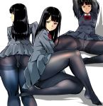  1girl ass bangs black_hair black_legwear blunt_bangs bow bowtie breasts brown_eyes commentary_request double-breasted grey_jacket grey_skirt jacket kamisimo_90 long_hair looking_at_viewer looking_back medium_breasts multiple_views no_shoes original panties panties_under_pantyhose pantyhose pleated_skirt profile red_bow red_neckwear school_uniform shirt simple_background skirt smile thighband_pantyhose thighs tights_day tights_girl_(kamisimo_90) underwear uniform white_shirt 