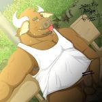  1:1 2020 anthro armpit_hair balls blush bodily_fluids body_hair bovid bovine brown_body brown_fur cattle clothed clothing drooling erection fur genitals hi_res kemono male mammal musclegut outside overweight overweight_anthro overweight_male penis saliva shirt sitting solo tank_top tanutronik753_k tongue tongue_out topwear 
