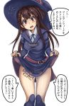  1girl blush breasts brown_hair commentary_request dress hat kagari_atsuko little_witch_academia long_hair looking_at_viewer luna_nova_school_uniform monikano open_mouth red_eyes school_uniform simple_background skirt skirt_lift smile solo thighhighs white_background witch witch_hat 