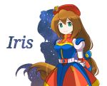  1girl 398sky android arms_behind_back beret blush breasts brown_hair character_name commentary green_eyes hair_between_eyes hat iris_(rockman_x) long_hair looking_at_viewer low-tied_long_hair medium_breasts rockman rockman_x shadow simple_background smile solo very_long_hair 