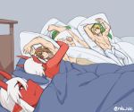  1boy 1girl 500_dollar_four_foot_tall_mareep artist_name bed blanket character_pillow commentary dakimakura_(object) demon_girl demon_horns frown green_headwear highres horns link lying nude open_pants original pants pillow pointy_ears red_skin rob_ishi shirtless the_legend_of_zelda white_hair 