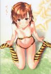  1girl absurdres animal_print bangs bare_shoulders blush breasts brown_eyes brown_hair closed_mouth cosplay hair_ornament hairclip highres horns huge_filesize lips looking_at_viewer lum lum_(cosplay) misaka_mikoto navel oni oni_horns raika9 shiny shiny_hair shiny_skin short_hair simple_background sitting small_breasts solo stomach to_aru_kagaku_no_railgun to_aru_majutsu_no_index urusei_yatsura wariza 