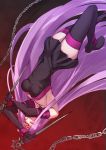  1girl boots breasts chain dress elbow_gloves fate/stay_night fate_(series) gloves glowing glowing_eyes highres long_hair medium_breasts midair miniskirt nanakaku purple_eyes purple_hair rider skirt solo strapless strapless_dress thigh_boots thighhighs thighs very_long_hair weapon_request 