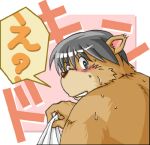  2005 ? anthro blush bodily_fluids brown_body brown_fur fur humanoid_hands japanese_text kemono low_res male mammal simple_background slightly_chubby solo sweat takagi_kyou text ursid 