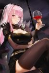 1girl bangs blunt_bangs breasts cleavage commentary_request crossed_legs cup drinking_glass highres holding holding_cup hololive hololive_english large_breasts long_hair looking_at_viewer mori_calliope nima_(niru54) pink_eyes pink_hair sitting solo thighhighs virtual_youtuber wine_glass 
