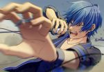  1boy black_shirt blue_eyes blue_hair blurry blurry_foreground bracelet collarbone commentary cross cross_necklace depth_of_field dust foreshortening holding holding_microphone jewelry kaito male_focus microphone microphone_stand necklace nokuhashi open_mouth ring scowl shirt teeth upper_body v-shaped_eyebrows vocaloid 