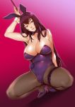  1girl animal_ears arm_behind_back arm_up armpits artist_name bangs bare_arms bare_shoulders black_hairband bow bowtie breasts brown_legwear bunny_ears bunny_girl bunnysuit cleavage collarbone commentary_request dutch_angle fake_animal_ears fate/grand_order fate_(series) flower full_body gae_bolg ganto gradient gradient_background hairband high_heels large_breasts leg_garter leotard long_hair looking_at_viewer pantyhose parted_lips pink_background purple_bow purple_eyes purple_flower purple_footwear purple_hair purple_leotard purple_neckwear purple_rose red_background rose scathach_(fate)_(all) scathach_(fate/grand_order) shiny shiny_hair shiny_skin shoes signature solo spread_legs squatting wrist_cuffs 
