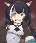  animal_ear_fluff animal_ears black_hair blood bruise_on_face cat_ears commentary_request crying crying_with_eyes_open gloves green_eyes guro hands_on_another&#039;s_face highres karyl_(princess_connect!) korean_commentary lakilolom long_hair multicolored_hair pliers princess_connect! princess_connect!_re:dive ryona sleeveless streaked_hair tears tooth torture tray twintails two-tone_hair white_hair 
