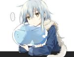  2others androgynous bangs blue_hair cheek_rest closed_mouth dual_persona fur-trimmed_jacket fur-trimmed_sleeves fur_collar fur_trim hair_between_eyes hug jacket long_hair long_sleeves mikoto_kei multiple_others rimuru_tempest scarf slime smile speech_bubble tensei_shitara_slime_datta_ken very_long_hair white_background yellow_eyes 