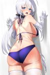  1girl ass azur_lane bangs bikini blue_bikini blue_eyes blush breasts commentary_request elbow_gloves eyebrows_visible_through_hair from_behind gloves greenkohgen hair_ribbon highres illustrious_(azur_lane) large_breasts long_hair looking_at_viewer looking_back mole mole_on_ass mole_under_eye open_mouth ribbon slap_mark solo standing swimsuit tears thighhighs thighs tress_ribbon tri_tails very_long_hair white_gloves white_hair white_legwear 