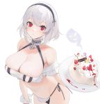  1girl anchor_ornament areola_slip areolae azur_lane bangs bare_shoulders bikini black_hairband black_ribbon blush breasts cake cleavage closed_mouth collarbone cowboy_shot cream eyebrows_visible_through_hair food fruit giving_up_the_ghost hairband heart highres holding holding_plate large_breasts maid_headdress mismatched_bikini mushroom navel neck_garter number off_shoulder ohisashiburi plate red_eyes ribbon short_hair side-tie_bikini silver_hair simple_background sirius_(azur_lane) solo strawberry sweat swimsuit white_background wrist_cuffs 