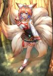  1girl ahoge animal_ears black_choker braid choker day deaver forest fox_ears fox_tail full_body grass guardian_tales highres multiple_tails nari_(guardian_tales) nature orange_hair outdoors paw_pose solo tail thigh_strap whisker_markings white_legwear 