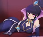  armpit_peek blush breasts championship_leblanc covered_nipples highres large_breasts league_of_legends leblanc_(league_of_legends) lewdishsnail looking_at_viewer lying on_side purple_eyes purple_hair smirk 