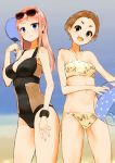  2girls :d ball bangs beach beachball bikini blue_eyes blunt_bangs blush breasts brown_hair cleavage closed_mouth cowboy_shot day earrings eyebrows_visible_through_hair eyewear_on_head fan green_eyes halterneck hand_up holding holding_fan jewelry katou_asuka large_breasts long_hair looking_at_viewer multiple_girls narita_miho nijitama_shiyushiyu one-piece_swimsuit open_mouth outdoors paper_fan pink_hair sand short_hair small_breasts smile standing sunglasses swimsuit watashi_ga_motenai_no_wa_dou_kangaetemo_omaera_ga_warui! wristband 