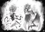 bald belt blood blood_on_face bodysuit boots breasts bruise cape clenched_hand closed_mouth commentary covered_navel debris dress english_commentary floating_hair flying gloves glowing greyscale high_heels highres injury jitome looking_at_viewer medium_breasts monochrome navel one-punch_man pants pelvic_curtain reaching_out saitama_(one-punch_man) sanpaku shoes short_hair signature single_shoe solo superhero tatsumaki the_golden_smurf torn_clothes 