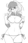  1girl ahoge artoria_pendragon_(all) ass_visible_through_thighs bikini blush breasts cleavage commentary_request cowboy_shot fate/grand_order fate_(series) greyscale hair_between_eyes hat heart highres kiriya_(aprikose_0312) large_breasts looking_at_viewer monochrome mysterious_heroine_xx_(foreigner) navel open_mouth ponytail shrug_(clothing) simple_background solo standing swimsuit thigh_strap white_background zipper 
