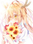  1girl blonde_hair blush bouquet flower frills highres holding kobayashi-san_chi_no_maidragon long_hair maid multicolored multicolored_eyes red_eyes shirt short_sleeves tears tooru_(maidragon) twintails white_background white_shirt yellow_eyes yuiragi_yuki 