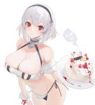  1girl absurdres anchor_ornament areola_slip areolae azur_lane bangs bare_shoulders bikini black_hairband black_ribbon blush breasts cake cleavage closed_mouth collarbone cowboy_shot cream eyebrows_visible_through_hair food fruit giving_up_the_ghost hairband heart highres holding holding_plate large_breasts maid_headdress mismatched_bikini mushroom navel neck_garter number off_shoulder ohisashiburi plate red_eyes ribbon short_hair side-tie_bikini silver_hair simple_background sirius_(azur_lane) solo strawberry sweat swimsuit white_background wrist_cuffs 