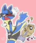  ambiguous_gender anthro blush duo embarrassed feebas female feral lucario marine mochimochi39mo nintendo pink_background pok&eacute;mon pok&eacute;mon_(species) simple_background upskirt video_games 