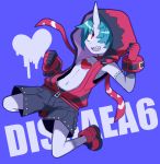  1boy absurdres black_shorts blue_background blue_skin blush choker clenched_hands collarbone commentary copyright_name disgaea disgaea_6 full_body hair_over_one_eye highres himawari_(kawaisounaedesu) hood hood_up horns jumping looking_at_viewer male_focus navel red_choker red_eyes red_footwear red_hoodie sharp_teeth shoes shorts simple_background single_horn skin-covered_horns sleeveless smile solo teeth zed_(disgaea) zipper_pull_tab zombie 
