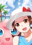  1girl :d absurdres bare_shoulders bow brown_eyes brown_hair cloud collarbone commentary english_commentary gen_1_pokemon hat hat_bow highres hill jigglypuff light_beam looking_at_viewer lyra_(pokemon) mr._miruku open_mouth outdoors pokemon pokemon_(creature) pokemon_(game) pokemon_masters_ex red_bow shiny shiny_hair sky smile tongue tree twintails water white_headwear 