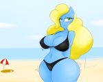  angelthecatgirl anthro beach big_breasts bikini blonde_hair blue_body blush breasts clothing detailed_background equid equine female green_eyes hair hasbro mammal my_little_pony nipple_outline outside pixie_(character) seaside solo swimwear umbrella wide_hips 