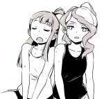  2girls alternate_costume alternate_hairstyle closed_eyes couple diana_cavendish hot kagari_atsuko little_witch_academia long_hair looking_at_another monochrome multiple_girls open_mouth ponytail simple_background sweat tank_top tonton_(mathcaca24) wavy_hair white_background yuri 
