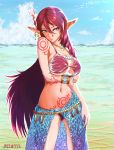  1girl breasts commentary_request earrings highres jewelry large_breasts long_hair looking_at_viewer myuria_tionysus pink_hair pointy_ears solo star_ocean star_ocean_the_last_hope swimsuit tairakakeru tattoo 