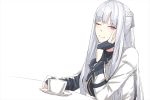  1girl ak-12_(girls_frontline) artificial_eye bangs braid breasts coffee_cup commentary_request cup dish disposable_cup eyebrows_visible_through_hair girls_frontline gloves hand_on_own_cheek kageshio_(276006) large_breasts lips long_hair mechanical_eye one_eye_closed parted_lips partly_fingerless_gloves sidelocks silver_hair simple_background smile solo steam tactical_clothes very_long_hair white_background 