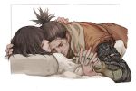  2boys black_hair border brown_scarf closed_eyes coat commentary_request couple facial_hair highres holding_hands kuro_the_divine_heir lying multiple_boys on_back on_person orange_coat outside_border prosthesis prosthetic_arm scar scar_across_eye scarf sekiro sekiro:_shadows_die_twice shirt short_hair topknot torn_coat vetania white_background white_shirt yaoi 