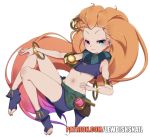  1girl belly bracelet crop_top floating heterochromia jewelry league_of_legends legs lewdishsnail long_hair midriff multicolored_hair orange_hair patreon_username pendant petite scarf shorts simple_background skinny thighs toeless_legwear very_long_hair white_background zoe_(league_of_legends) 